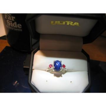 DARK BLUE LINDE STAR  RING WITH RUBY ACCENTS/SOLID STERLING SILVER #6.5