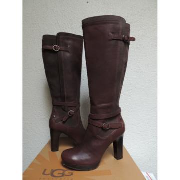 UGG TALL LINDE BROWN LEATHER HARNESS HIGH HEEL BOOTS, US 8.5/ EUR 39.5  ~ NEW