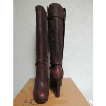 UGG TALL LINDE BROWN LEATHER HARNESS HIGH HEEL BOOTS, US 8.5/ EUR 39.5  ~ NEW