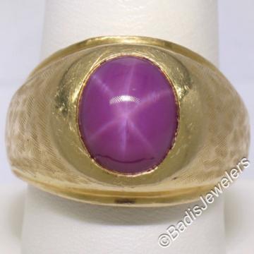 Men&#039;s Large Heavy Florentine Finished 14K Yellow Gold Bezel Linde Star Ruby Ring