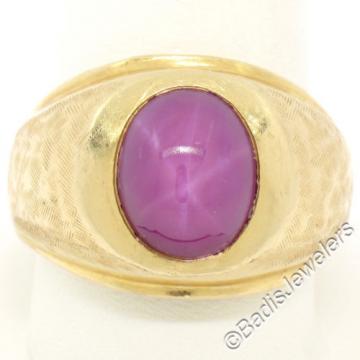 Men&#039;s Large Heavy Florentine Finished 14K Yellow Gold Bezel Linde Star Ruby Ring