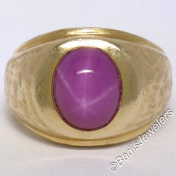 Men&#039;s Large Heavy Florentine Finished 14K Yellow Gold Bezel Linde Star Ruby Ring