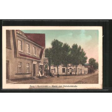 schöne AK Burg, Markt und Bahnhofstraße, Gasthaus zur Linde, Conditorei Cafe