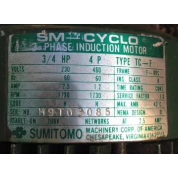 SM CYCLO 3/4 HP 3 PHASE INDUCTION MOTOR WITH SUMITOMO GEAR REDUCER 6:1