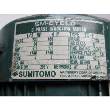 Sumitomo SM-Cyclo CNFM054095YC 1/2HP Gear Motor 29:1 Ratio 208-230/460V 3Ph